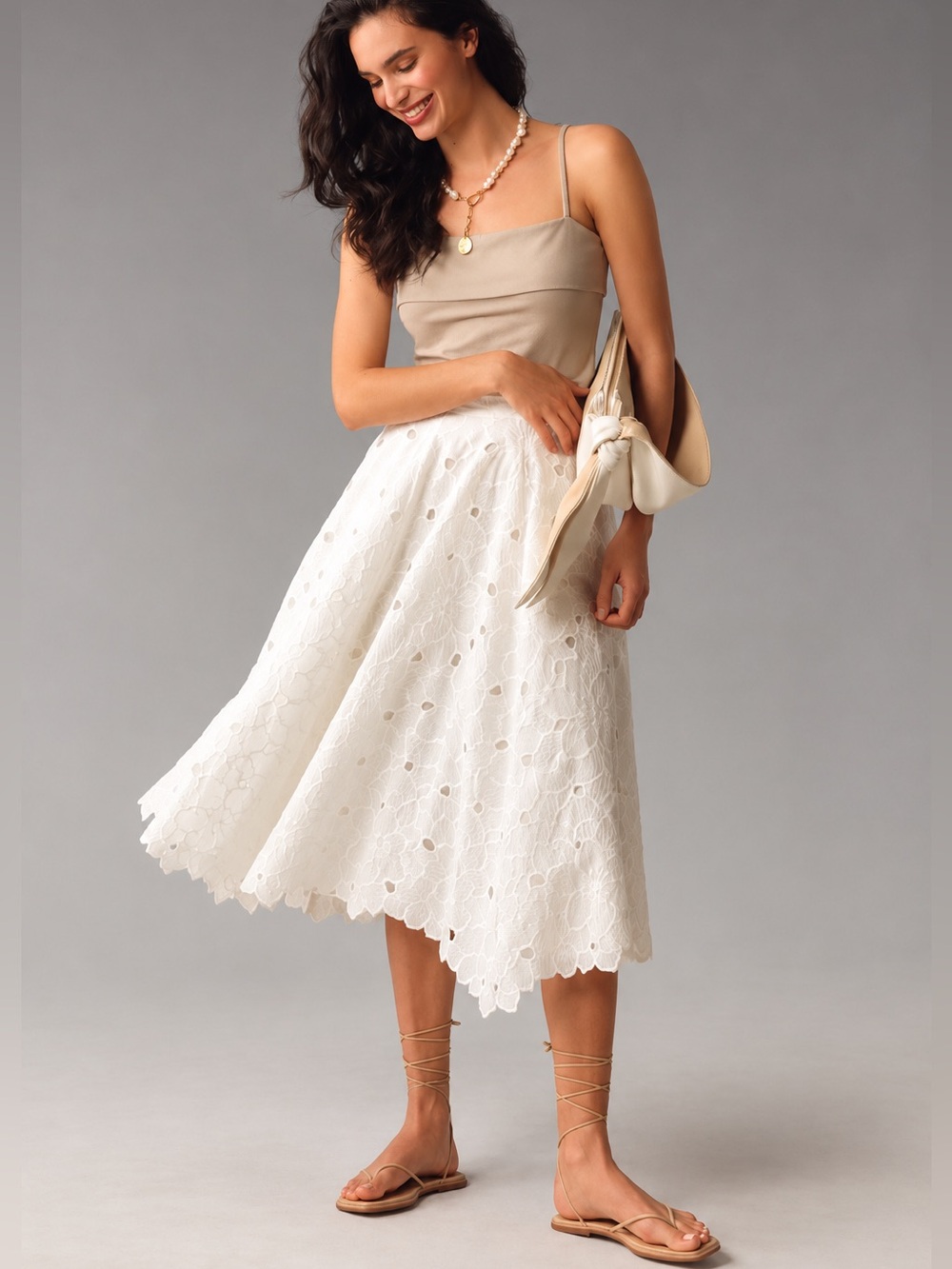 NWT Anthropologie Mac Duggal Eyelet Cotton Scalloped Hemline A-Line Midi-Skirt S